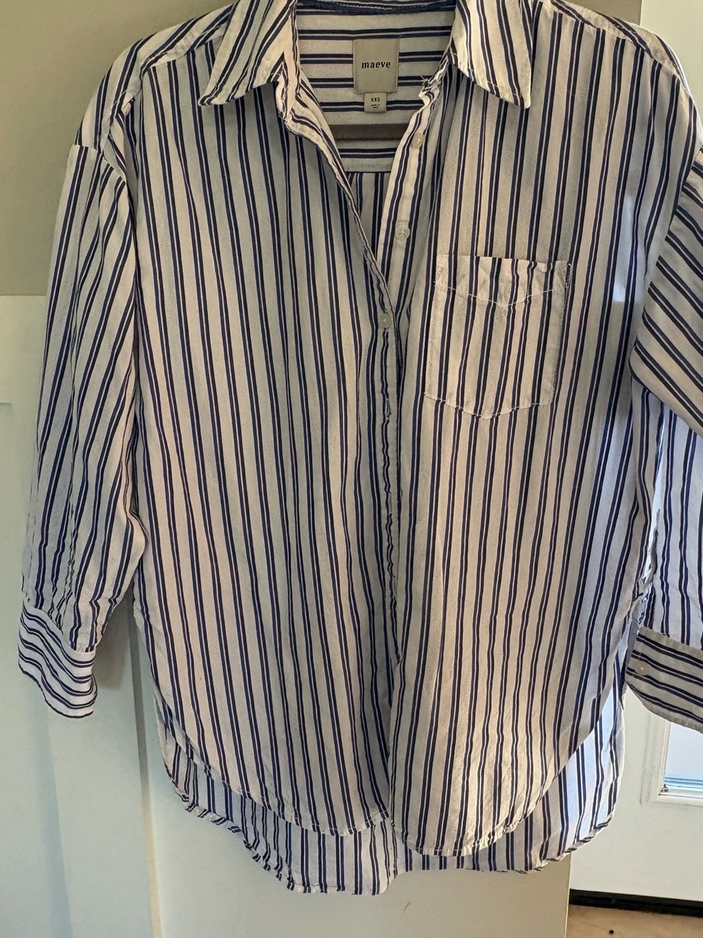 Maeve White Button-Down Shirt with Navy Stripes